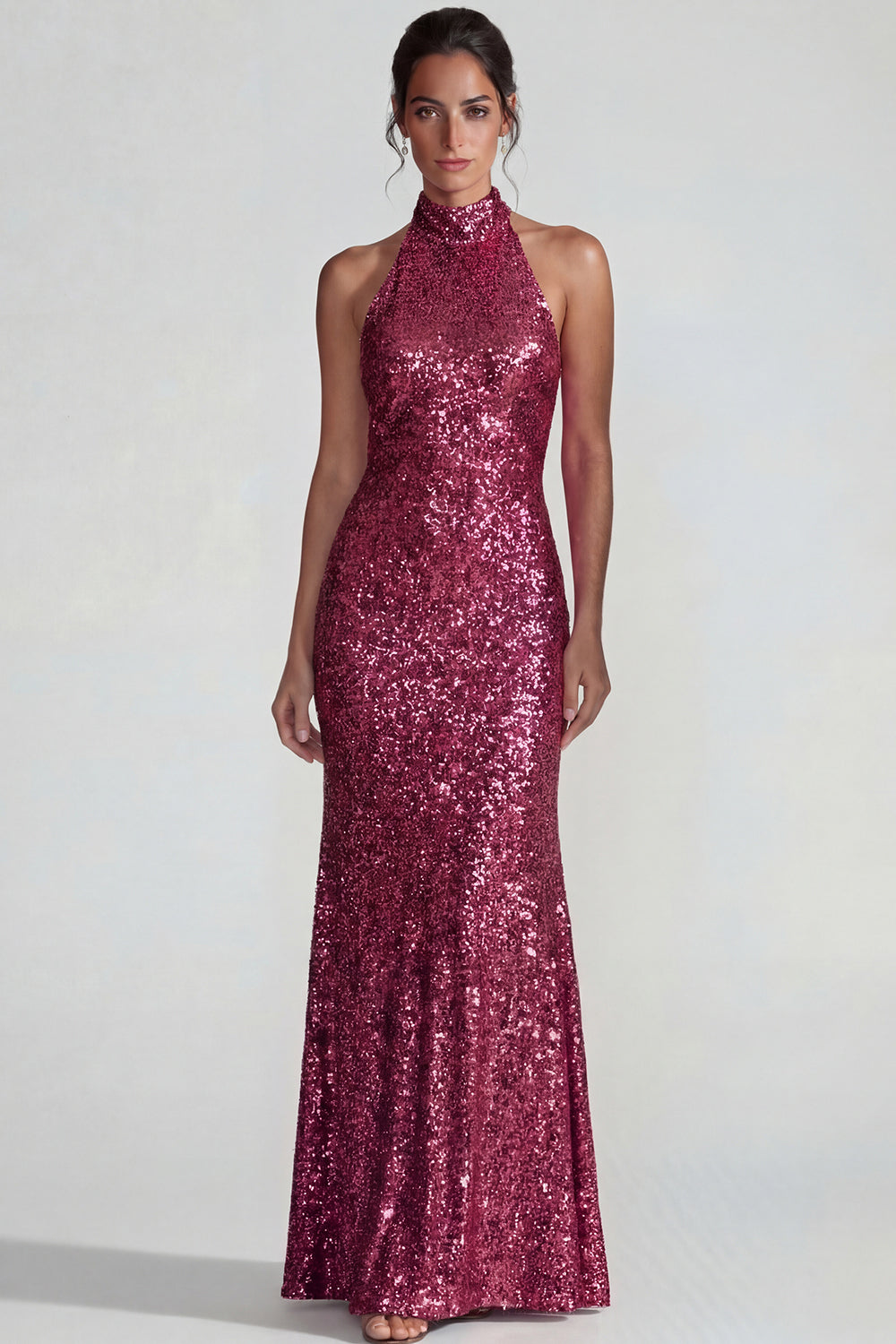 Fuchsia High Neck Sparkly Sequin Mermaid Long Formal Dress