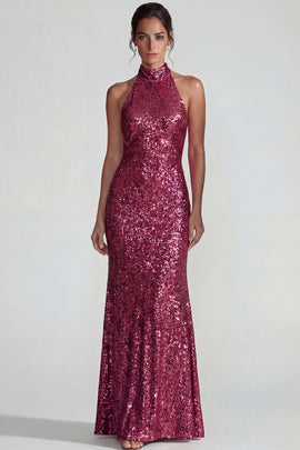 Fuchsia High Neck Sparkly Sequin Mermaid Long Formal Dress