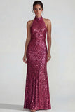 Fuchsia High Neck Sparkly Sequin Mermaid Long Formal Dress