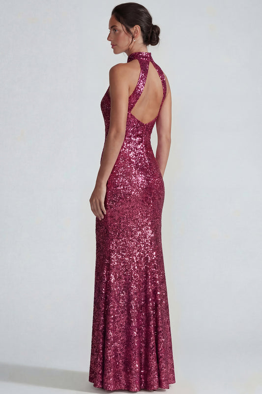 Fuchsia High Neck Sparkly Sequin Mermaid Long Formal Dress