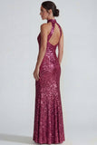 Fuchsia High Neck Sparkly Sequin Mermaid Long Formal Dress