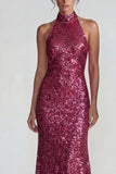 Fuchsia High Neck Sparkly Sequin Mermaid Long Formal Dress