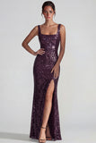 Dark Purple Square Neck Sparkly Sequin Mermaid Long Formal Dress with Slit
