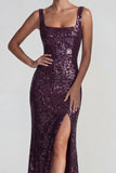 Dark Purple Square Neck Sparkly Sequin Mermaid Long Formal Dress with Slit
