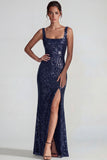 Dark Purple Square Neck Sparkly Sequin Mermaid Long Formal Dress with Slit