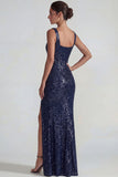 Dark Purple Square Neck Sparkly Sequin Mermaid Long Formal Dress with Slit