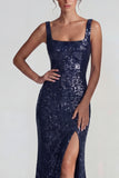 Dark Purple Square Neck Sparkly Sequin Mermaid Long Formal Dress with Slit