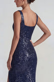 Dark Purple Square Neck Sparkly Sequin Mermaid Long Formal Dress with Slit