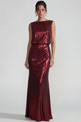 Burgundy Bateau Neck Metallic Long Mermaid Formal Dress