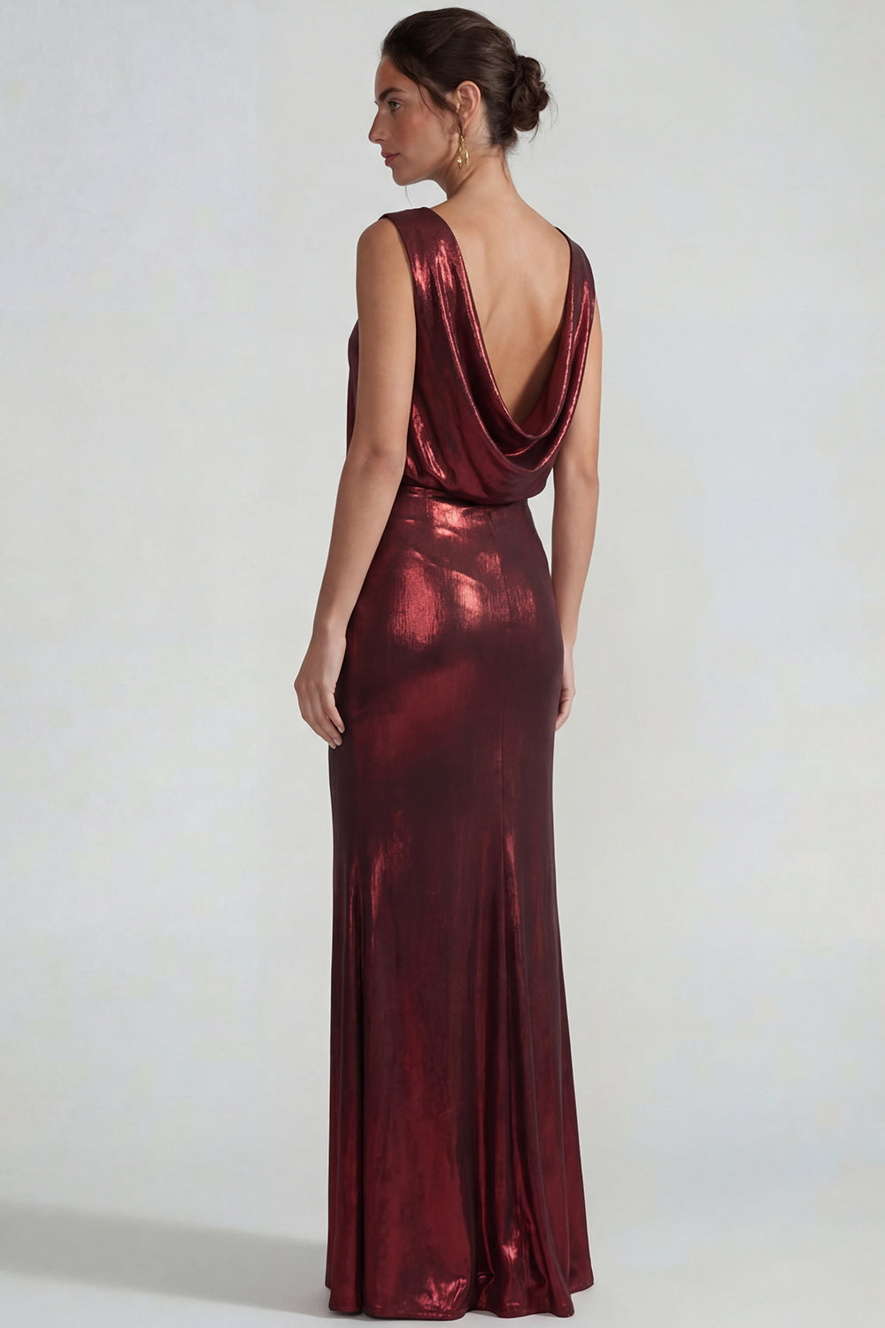 Burgundy Bateau Neck Metallic Long Mermaid Formal Dress