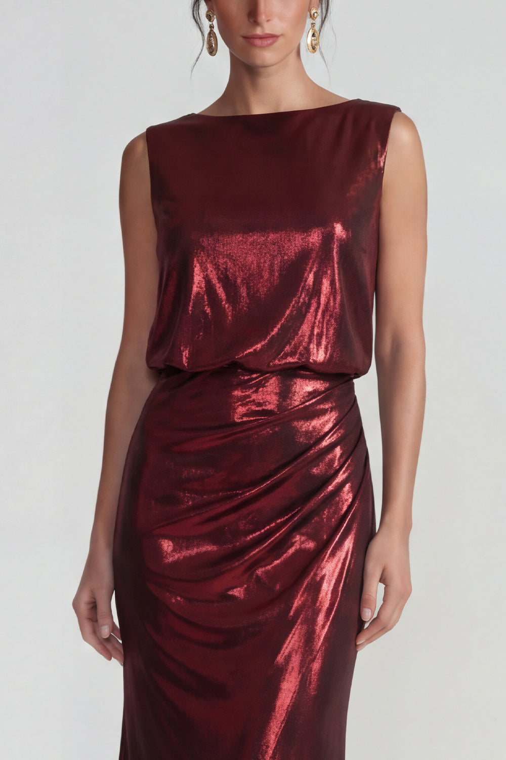Burgundy Bateau Neck Metallic Long Mermaid Formal Dress