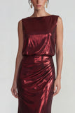 Burgundy Bateau Neck Metallic Long Mermaid Formal Dress