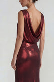 Burgundy Bateau Neck Metallic Long Mermaid Formal Dress