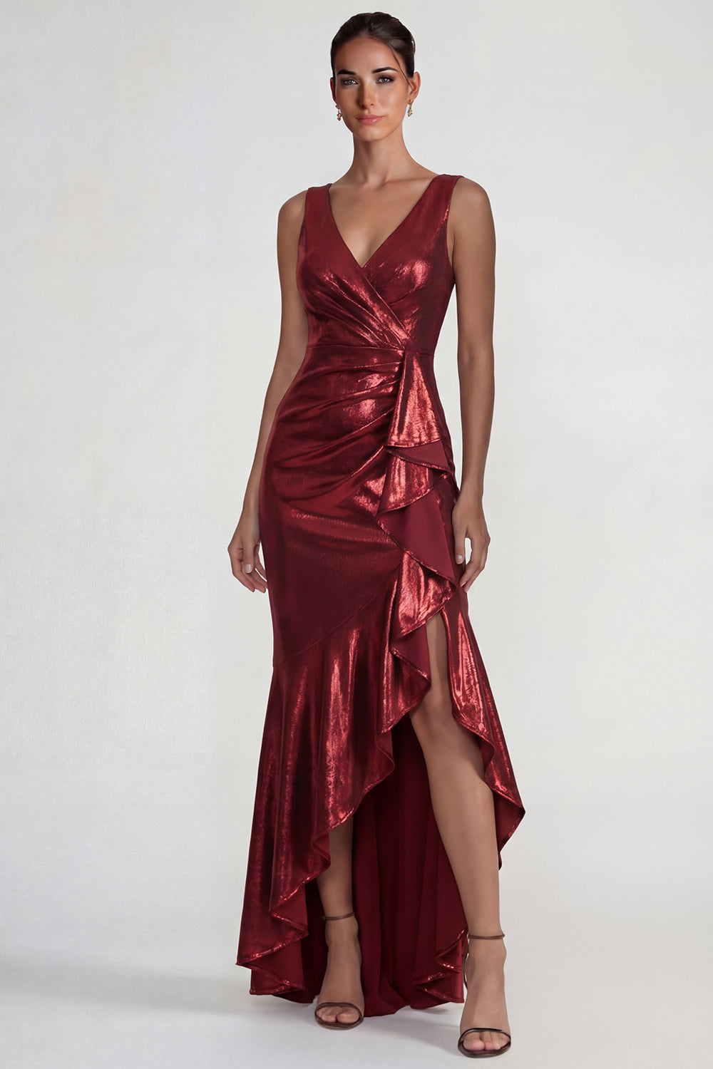 Burgundy V Neck Mermaid Metallic Ruffled Long Formal Dress with Slit