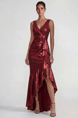 Burgundy V Neck Mermaid Metallic Ruffled Long Formal Dress with Slit