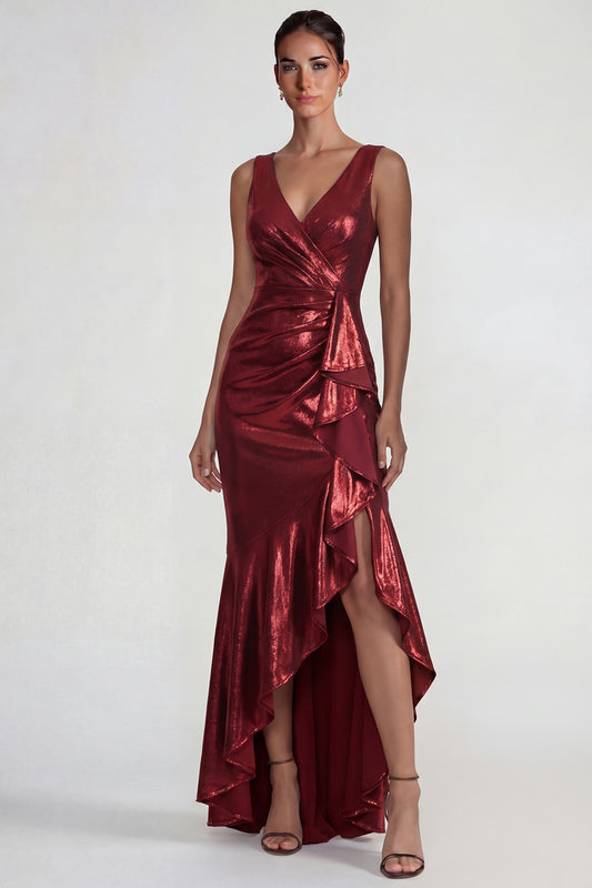 Burgundy V Neck Mermaid Metallic Ruffled Long Formal Dress with Slit