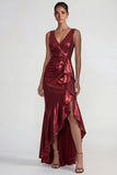 Burgundy V Neck Mermaid Metallic Ruffled Long Formal Dress with Slit