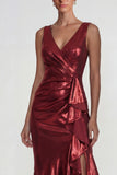 Burgundy V Neck Mermaid Metallic Ruffled Long Formal Dress with Slit