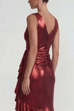 Burgundy V Neck Mermaid Metallic Ruffled Long Formal Dress with Slit