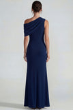 Navy Mermaid One Shoulder Wedding Guest Dress with Slit