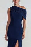 Navy Mermaid One Shoulder Wedding Guest Dress with Slit