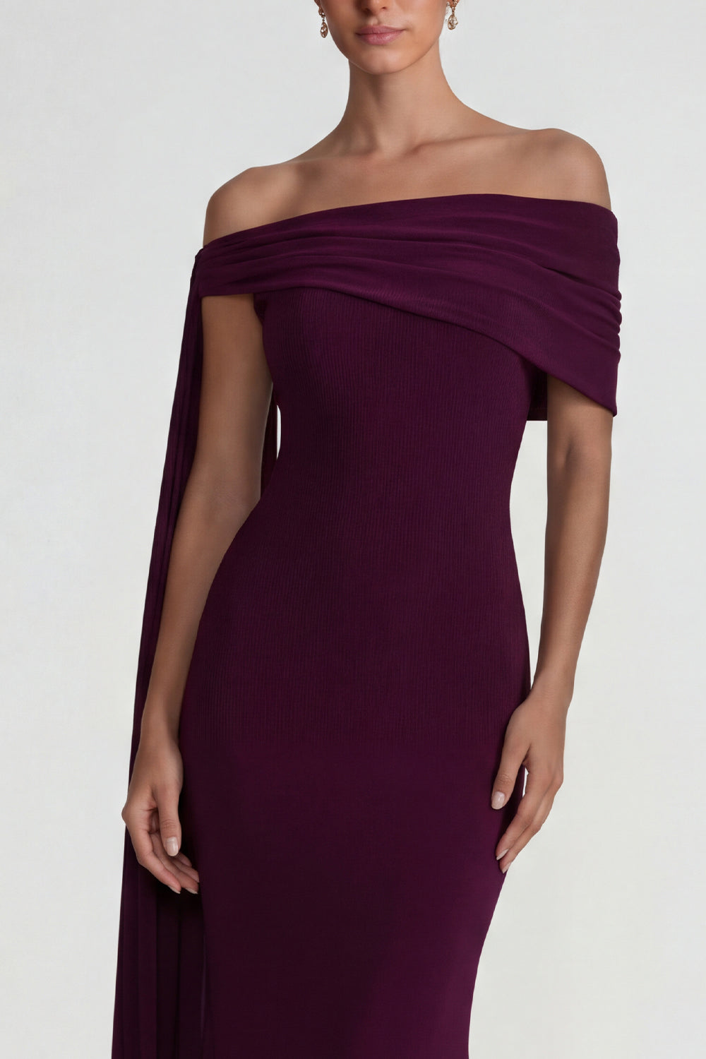 Burgundy Off the Shoulder Mermaid Long Wedding Guest Dress with Side Cape