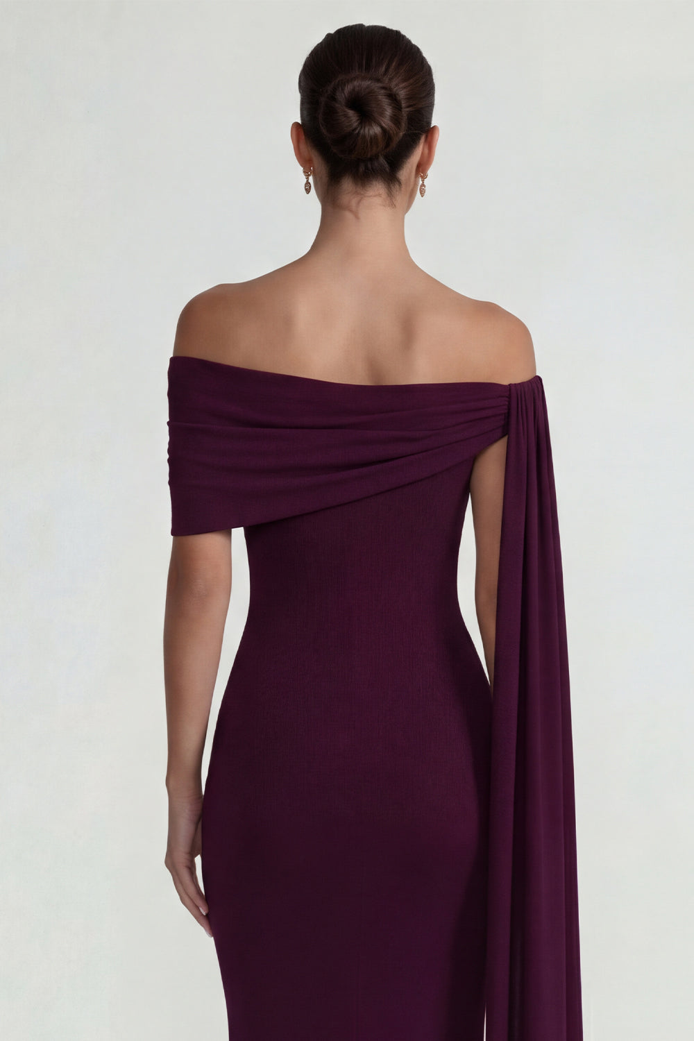 Burgundy Off the Shoulder Mermaid Long Wedding Guest Dress with Side Cape