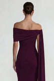 Burgundy Off the Shoulder Mermaid Long Wedding Guest Dress with Side Cape