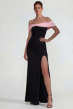 Off the Shoulder Black Pink Mermaid Long Wedding Guest Dress with Slit