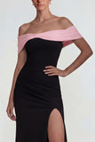Off the Shoulder Black Pink Mermaid Long Wedding Guest Dress with Slit