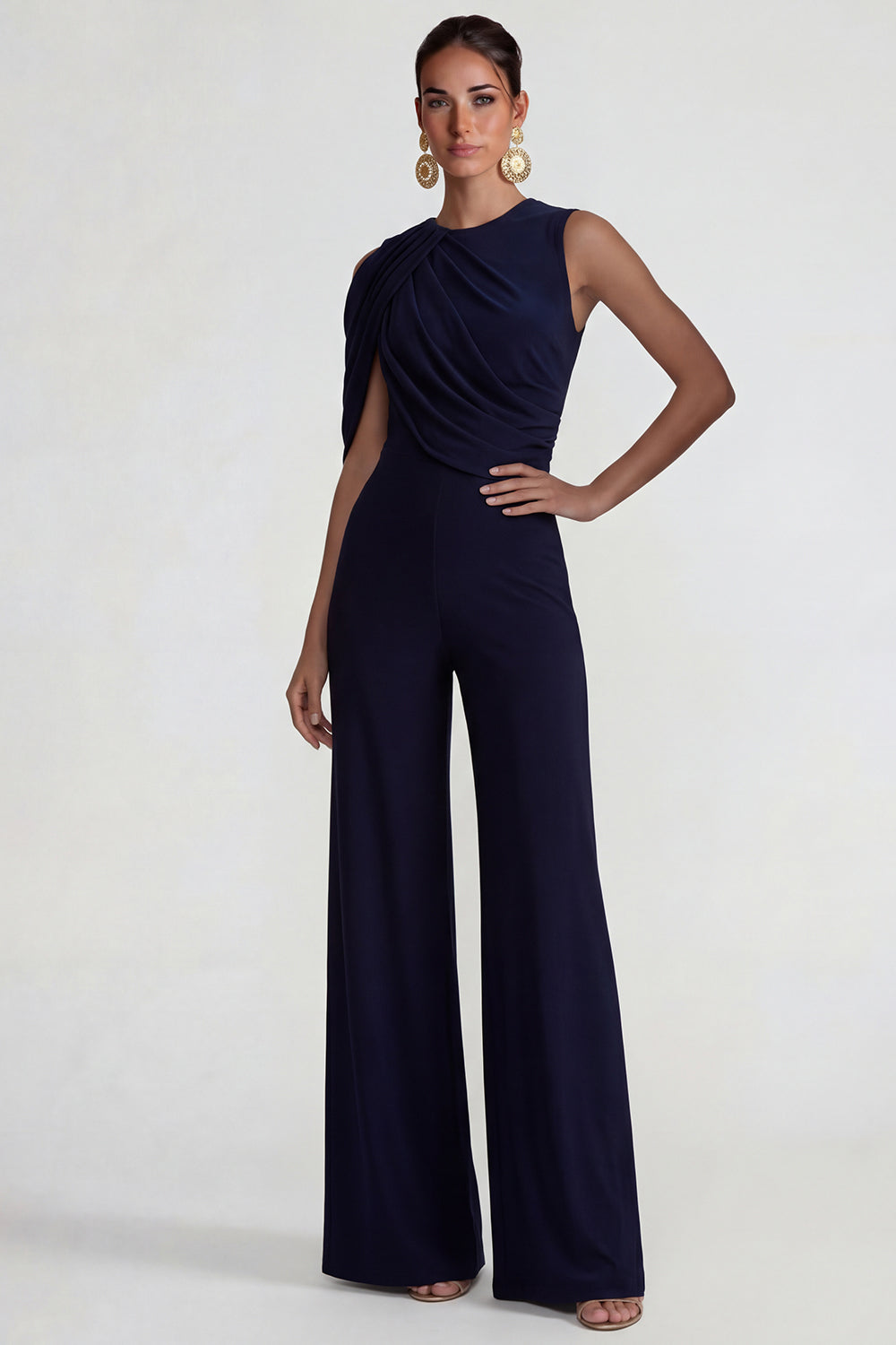 Navy Round Neck Wide Leg Wedding Guest Jumpsuits