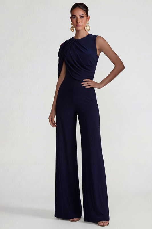 Navy Round Neck Wide Leg Wedding Guest Jumpsuits