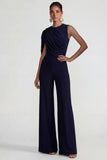 Navy Round Neck Wide Leg Wedding Guest Jumpsuits