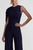 Navy Round Neck Wide Leg Wedding Guest Jumpsuits