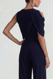 Navy Round Neck Wide Leg Wedding Guest Jumpsuits
