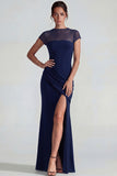 Navy Mermaid Short Sleeves Long Wedding Guest Dress with Slit