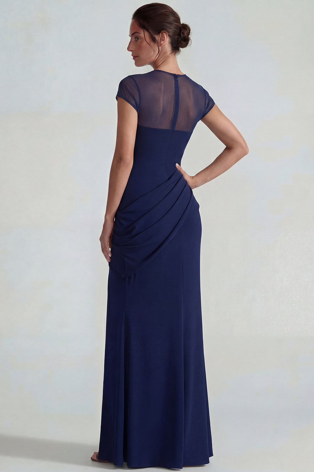 Navy Mermaid Short Sleeves Long Wedding Guest Dress with Slit