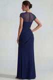 Navy Mermaid Short Sleeves Long Wedding Guest Dress with Slit