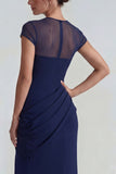 Navy Mermaid Short Sleeves Long Wedding Guest Dress with Slit