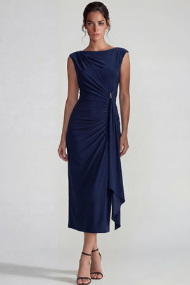 Navy Bateau Neck Maxi Weddingg Guest Dress with Sash