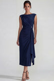 Navy Bateau Neck Maxi Weddingg Guest Dress with Sash