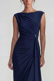 Navy Bateau Neck Maxi Weddingg Guest Dress with Sash