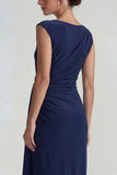 Navy Bateau Neck Maxi Weddingg Guest Dress with Sash