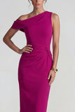 Fuchsia One Shoulder Bodycon Midi Wedding Guest Dress