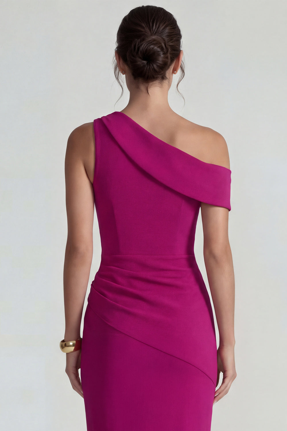 Fuchsia One Shoulder Bodycon Midi Wedding Guest Dress