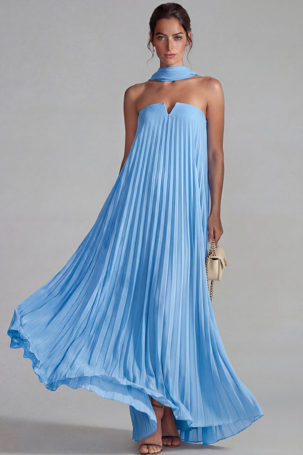 Chiffon Blue Neck Scarf Pleated Long Wedding Guest Dress