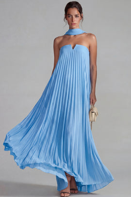 Chiffon Blue Neck Scarf Pleated Long Wedding Guest Dress