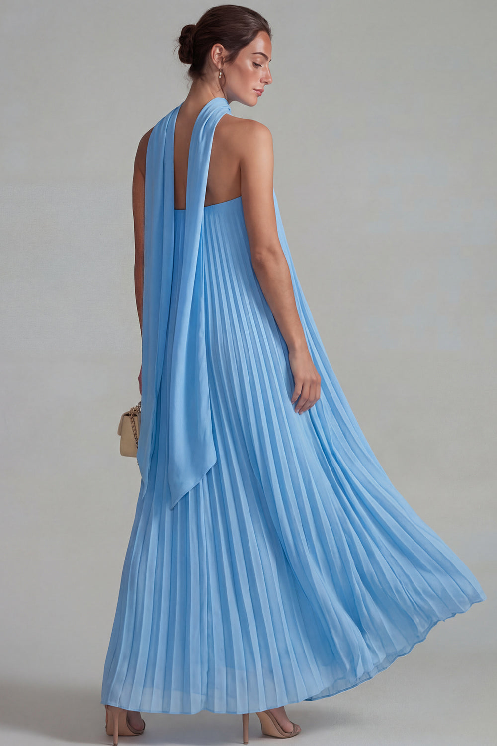 Chiffon Blue Neck Scarf Pleated Long Wedding Guest Dress