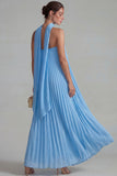 Chiffon Blue Neck Scarf Pleated Long Wedding Guest Dress