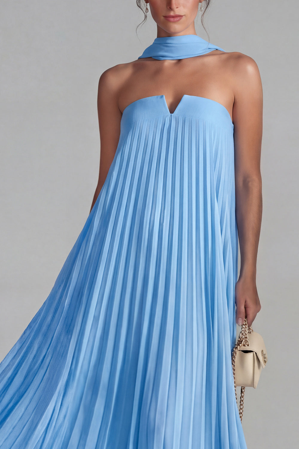 Chiffon Blue Neck Scarf Pleated Long Wedding Guest Dress